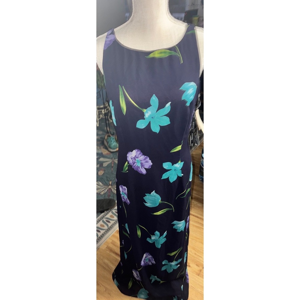 Vtg 90s Low Back Floral Maxi Dress Navy Teal Purple Sz 12/M/L USA NWT